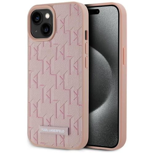 CG Mobile Karl Lagerfeld Leather Monogram Metal Logo Compatible avec MagSafe pour iPhone 15 (Rose)