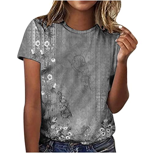 HSUAYEUD Women's T Shirts Summer Tops for Women UK Casual Print Short Sleeve Tops Crew Neck Blouse and Shirts Loose Fit Women T-Shirts Gray 3XL