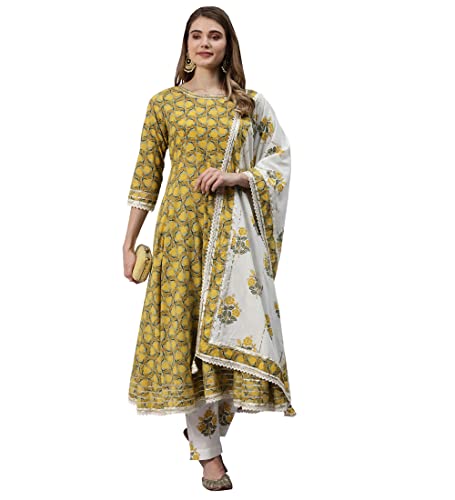 Image of Divena Mustard Cotton Anarkali Kurta Pant Set With Dupatta