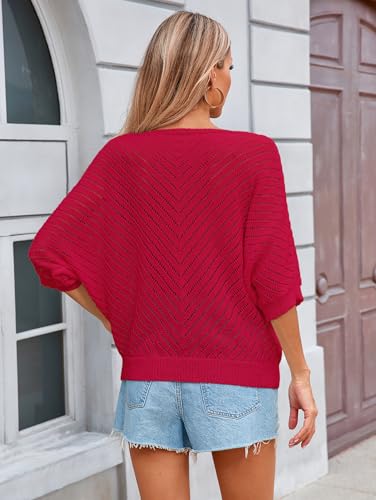 Image of Libsorge Womens Sexy V Neck 3 /4 Sleeve Sweater Spring 2025 Trendy Dressy Casual Outfits Lightweight Crochet Knit Pullover Top