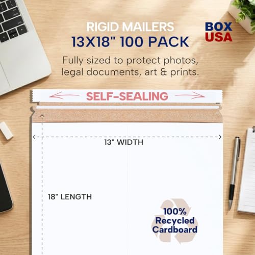 Image of BOX USA Rigid Mailers 13 x 18 (100-Pack) - Cardboard Mailer Envelopes for Posters, Photography Prints, Certificates - Stay Flat