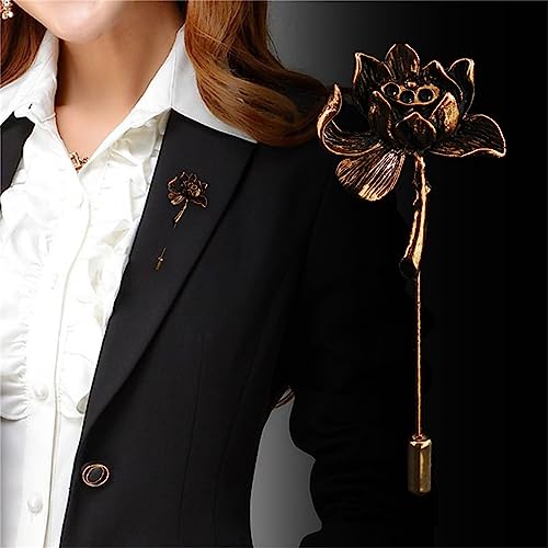 Image of Ancient Lotus Brooch Pin for Men Women Personalized Vintage Gold Silver Carved Pool Pond Flower Elegant Traditional Suit Clothes Dress Decoration Jewelry Gifts