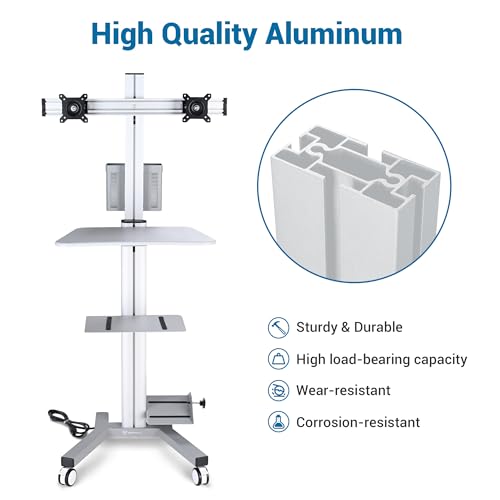 AW Medical Mobile Computer Cart Rolling PC Stand Desk Workstation Dual Monitor Mount with Wheels Adjustable Keyboard Tray CPU Printer Holder for Hospital Clinic School Office Silver
