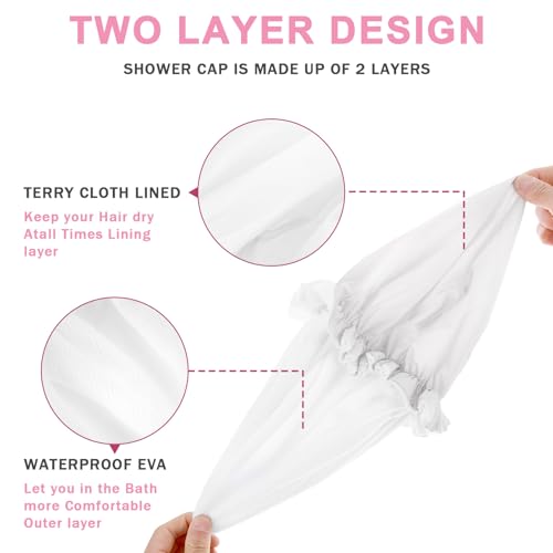 Reusable Shower Caps for Women, Terry Cloth Lined Shower Cap Double Layer Reusable Bath Cap Waterproof Elastic Band Hair Cap for All Hair Lengths for Women Spa Home Salon Use(White)