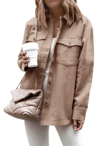 Cnkwei Shacket Jacket Women Button Down Shirt Jacket Casual Long Sleeve Shacket with Pockets