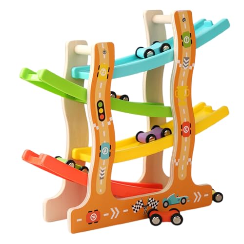 Circuito De Coches para Niños - Juguete De Rampa para Coche De Madera con Mini Autos Y 4 Pistas Coloridas - Regalos Educativos Juego para Niños Y Niñas