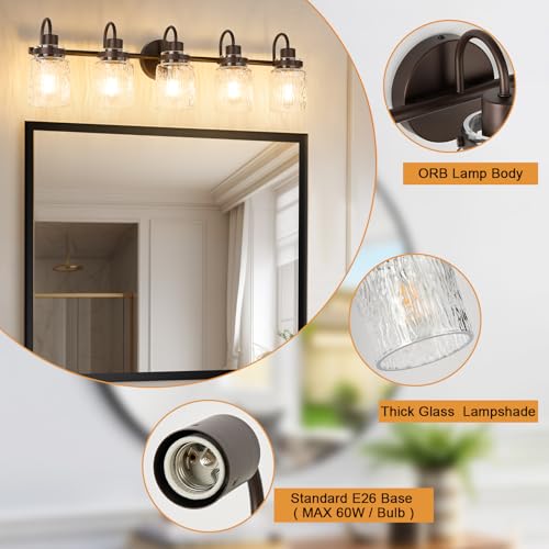 Image of 5 Lights Hammered Glass Bathroom Vanity Light, Oil Rubbed Bronze | Easy Installation,Up or Down,Farmhouse Modern Style,E26 Socket,ETL Certification