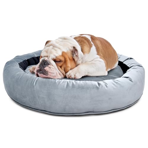 Image of Velvet Dog Bed in Round Shape | Small 60 Cm | Premium Velvet Pet Bed for Cats and Puppies | Soft & Cozy Sleeping Bed for Dog with Removable Insert | Black & Grey