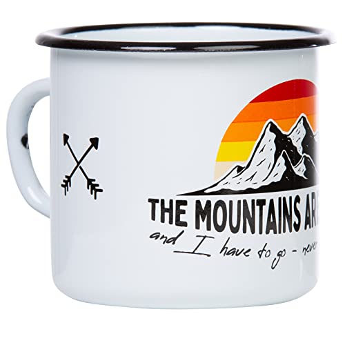 MUGSY MOUNTAINS ARE CALLING weiße Emaille Tasse für Outdoor &