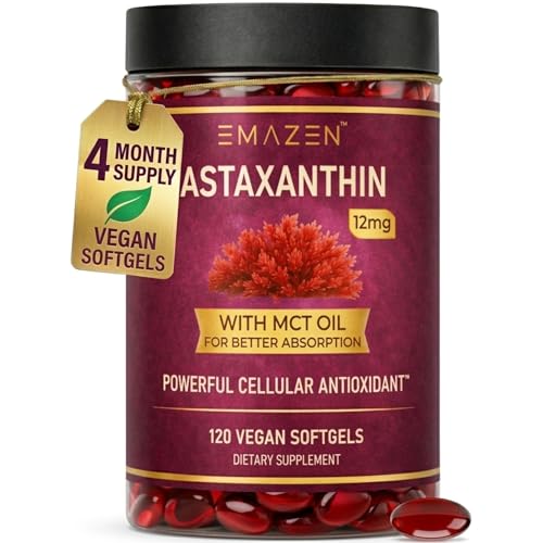 EMAZEN Astaxanthin 12mg with MCT Coconut Oil| | Natural Astaxanthin Supplements Support Skin and Eye Health | Antioxidant Supplement | 4 Month Supply | 120 Vegan Softgels