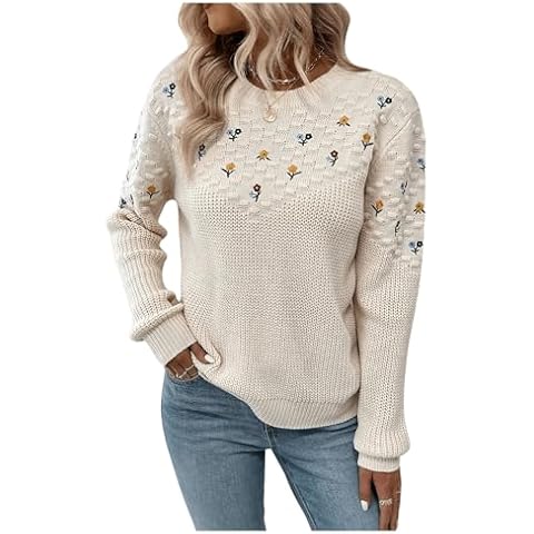 GORGLITTER Women's Floral Embroidered Crochet Sweaters Long Sleeve Lightweight Knit Flower Pullover Sweaters Beige X-Large Cover