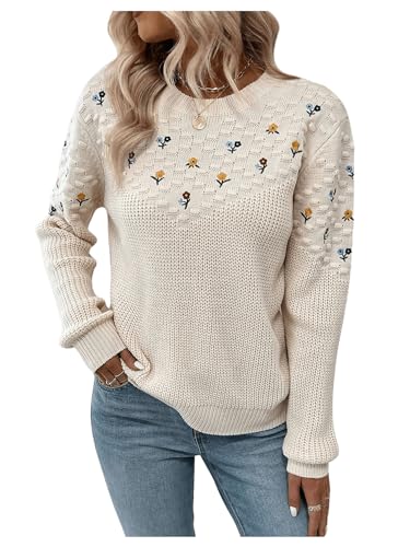 GORGLITTER Women's Fall Crochet Sweaters Lightweight Floral Long Sleeve Embroidered Knit Flower Cute Sweater Tops