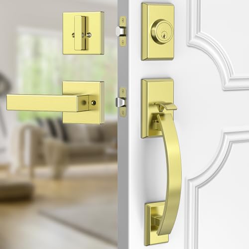 Image of Front Door Lock Set, Gold Front Door Handle and Deadbolt Set Adjustable, 12.7in Gold Heavy Exterior Entry Handle Reversible