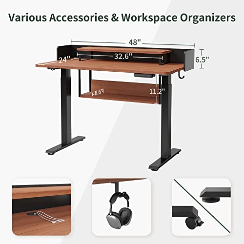Image of FEZIBO Electric Height Adjustable Standing Desk with Double Shelves, 48 x 24 Inch Home Office Desk with Monitor Stand and Storage, Sit Stand Rising Desk, Nature