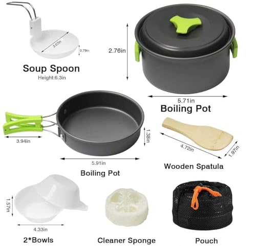 Image of Portable Camping Cookware Set - Non-Stick Outdoor Cooking Pot & Pan Kit with Folding Handles, Soup Spoon, Wooden Spatula, Bowls, Cleaning Sponge & Carrying Pouch (Campain Cooking Set 01)