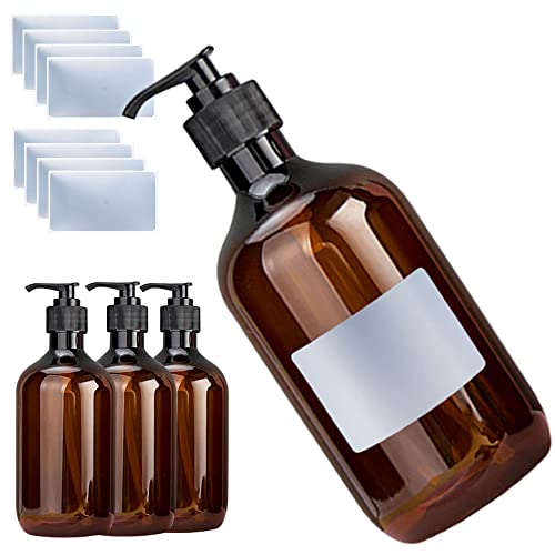 Seifenspender Set 4er, Plastik Braun 500ml Pumpspender Kunststoff und 8 Stück PVC Etiketten Shampoo Flaschen Zum Befüllen Pumpflasche Shampoo Spender Für Spülmittelspender Küche(500ml, Braun) Cover
