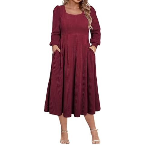 Eytino Plus Size Dresses for Women Long Sleeve Square Neck Midi Dress Swing Knit Sweater Dress,3X Burgundy Cover