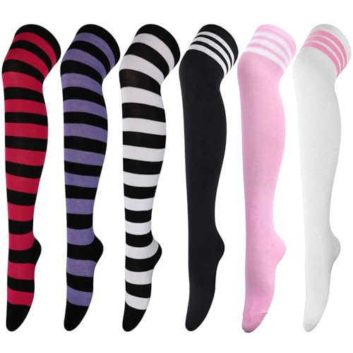 Image of AQOKKA Thigh High Socks for Women Striped Over Knee Thigh Socks Long Boot Thigh High Stockings Leg Warmers for Girls