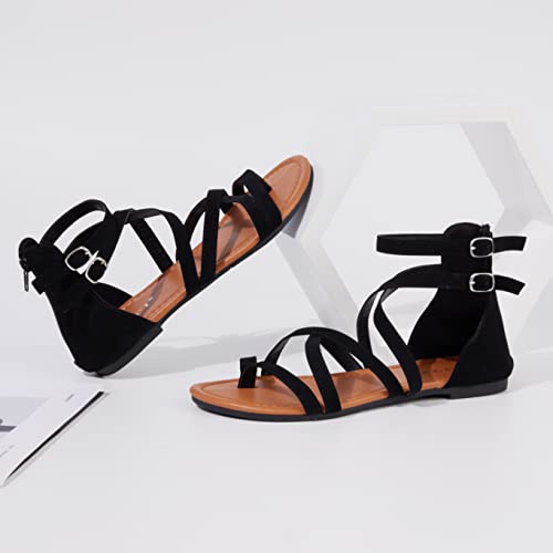 Youngshow Women's Gladiator Strappy Flat Sandals With Zip, Women's Sexy Cute Sandals For Dressy Platform, Low Heeled And Criss-Cross Strap, Size 7, Black #TOP5