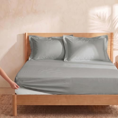 Image of Huesland 300 TC Premium 100% Pure Cotton Luxe Soft Touch Fitted Single Size Bedsheet Cotton with 2 Pillow Covers | Steel Grey | 36 x 78 Inches