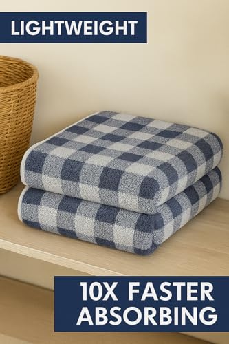 Image of Cortina Checks Printed Microfiber Towels for Bath Large Size-Super Soft Coral Fleece Bathing Towel with Hook Quick Dry Super Absorbent-Bath Towel for Men and Women-70x140 cm [Blue]