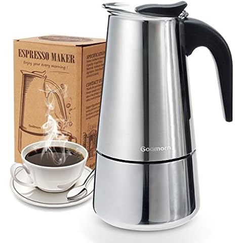 Godmorn Espressokocher, Kaffeekocher, Mokkakanne aus 430 Edelstahl, Espresso Maker für 4/6/10 Tassen, Stovetop Coffee Maker Induktion Herde geeignet, 10 Tassen (450 ml) Cover