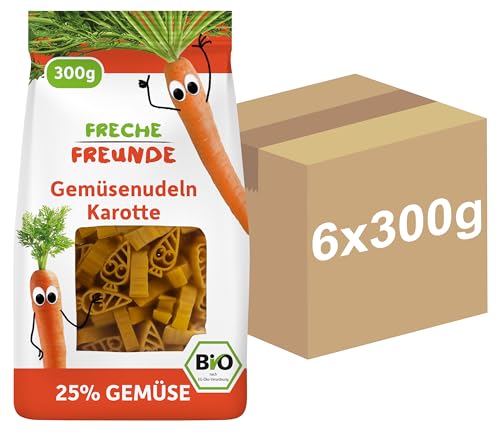 Freche Freunde Bio Gemüsenudeln 'Karotte', mit 25% Gemüseanteil, vegan, 6er Pack (6 x 300 g)