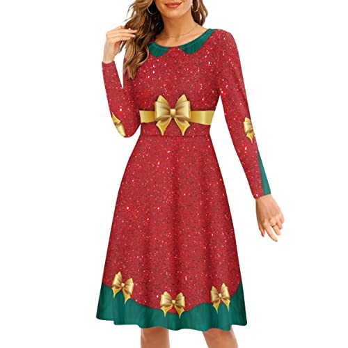 Amazon.com: ENLACHIC Women Ugly Christmas Dress Red Green 3D Print Long  Sleeve Swing Xmas Party Dress,Christmas Bows,S : Clothing, Shoes & Jewelry