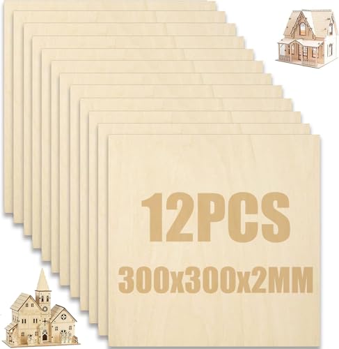 SENENQU 12 piezas de madera de tilo de 2 mm, 300 x 300 x 2 mm, contrachapado, placas de madera contrachapada, para manualidades para proyectos láser, modelos de bricolaje, artes y manualidades