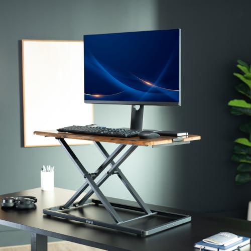 Image of VIVO Vintage Brown 29 in Single Top Standing Desk Converter, DESK-V000UN | Economy, Height Adjustable Rustic Sit Stand Tabletop Monitor and Laptop Riser Workstation, No Assembly Required, Black Frame