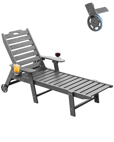 Carauci Lounge Chair Outdoor, HDPE Chaise Lounge with Wheels, 5-Position Adjustable Backrest & 2 Cup Holders Patio Lounge Chair, All-Weather Pool Sun Lounger for Poolside, Backyard, Grey