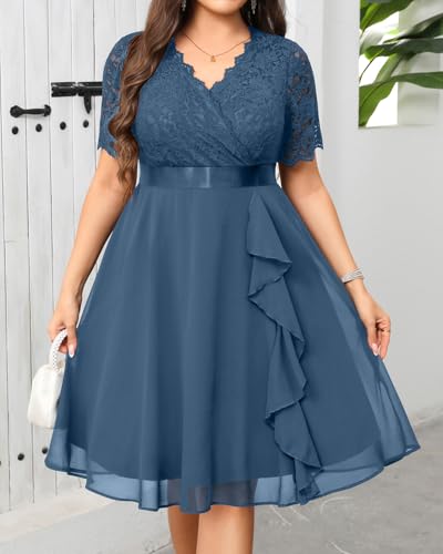 Image of Talisea Plus Size Wedding Guest Dress - Formal Cocktail Party Ruffle Elegant Tea Length Lace Chiffon V Neck Midi Dresses