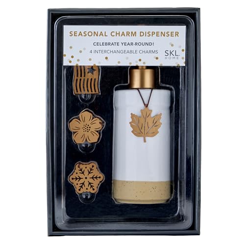 SKL Home Seasonal Charm Soap/Lotion Dispenser Gift Set with 4 Interchangeable Stainless Steel Charms Refillable for Bathroom & Kitchen Warm Gold