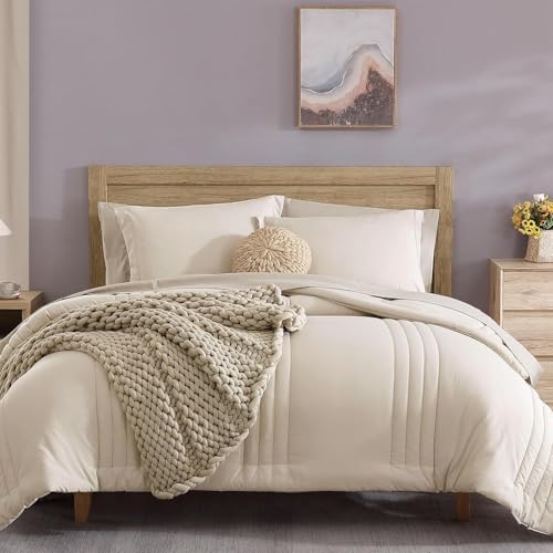 Monbix Queen Comforter Set - 7 Pieces Apricot Beige Bed in a Bag Queen Bedding Sets with Comforters, All Seasons Down Alternative Comforter Bed Set with Sheets,Pillowcases & Shams