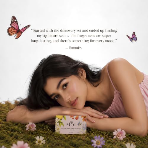 Image of Nykaa Moi Fragrance Discovery Kit of Joie De Vivre, Raison D'Etre, Amour, Bisous, Matin (2 ml x 5) | Perfume Trial Pack for Women | Mini Eau De Parfum Sampler Set | Floral, Fresh Aqua, Velvet Vanilla & Woody Notes | Gift Set for Women 10ml | Travel Friendly, Birthday & Anniversary Sampler Kit