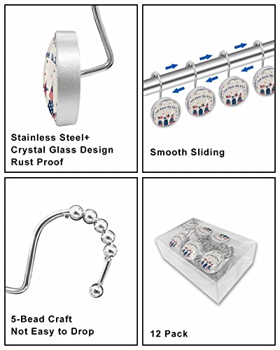Shower Curtain Hooks,Stainless Steel Shower Curtain Rings with Independence Day God Bless The USA Linen Blue Plaid Crystal Glass Design Anti-Rust Decorative Shower Curtain Hooks for Bathroom 12PCS