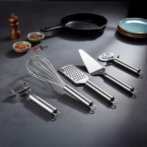 Deconox Paslanmaz Çelik 5’li Mutfak Seti, Paslanmaz Çelik Rende, Çırpıcı, Soyucu, Servis ve Hamur Kesici - Görsel 2