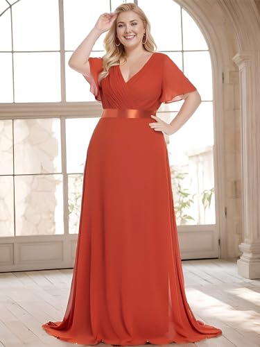 Ever-Pretty Plus Women's V Neck Mother of The Bride Dress Chiffon A Line Maxi Plus Size Evening Dress with Sleeves 09890-DAPH3