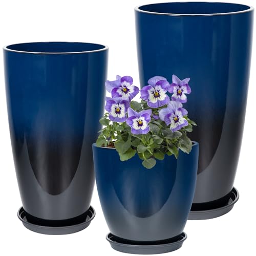 Neoaider Set of 3 Tall Planter 24/21/12in Large Plastic Planter Dark Blue