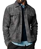 Crafter Premium Vintage Trucker Suede Leather Jacket Men Genuine Lambskin Men Leather Jackets Shirt Collar Jackets For Mens (US, Alpha, Large, Regular, Regular, Grey Suede Leather)