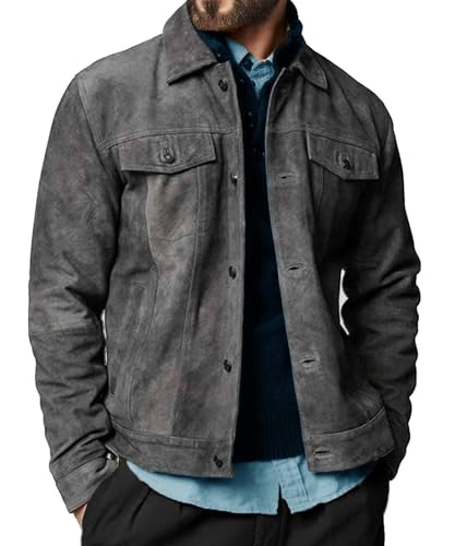 Cheemaz Suede Jacket for Men - Premium Suede Leather Bomber Jacket | Trucker Coat for Mens (as1 alpha X-Large regular regular Grey)