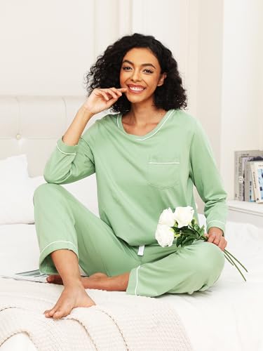 Image of COLORFULLEAF 100% Cotton Pajama Set for Women Long Sleeve Sleepwear with Pants Soft Comfy Two-Piece Pjs with Pockets