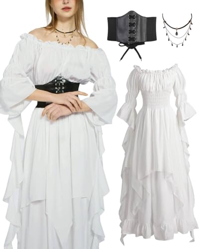 minkasic Mittelalter Piraten Kleidung Damen Gothic Kostüm mit Mittelalter Kleid Piraten Korsett Halsketten Renaissance Faschingskostüm für...