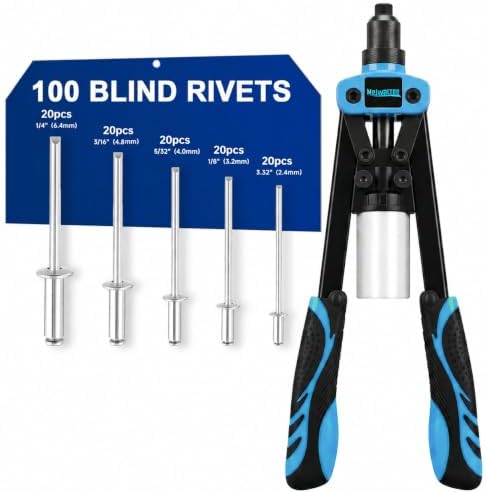 Meiwaltee 13” Nietenzange Set mit 100 Nieten für Blindnietzange 6,4mm -2,4mm und 5 Auswechselbaren Mundstücken, Profi Handnietzange Geeignet Popnietenzange Set für Automobil-Möbel-