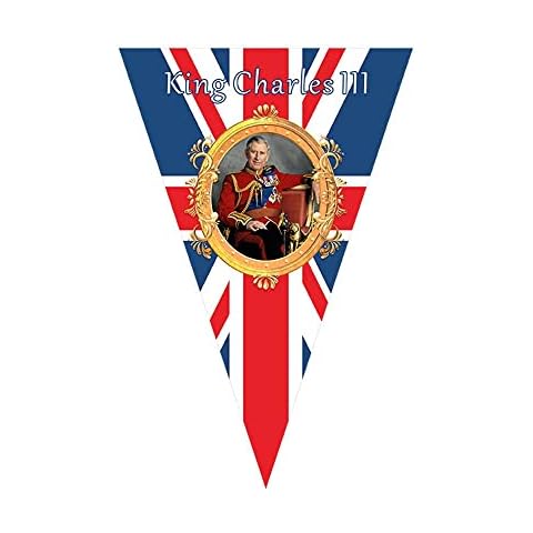 VORAE King Charles 111 Our new King to be, 15 Triangular Bunting, Flag String Bunting, His Majesty the King's Royal Ascent Coronation Celebration Wall or Window Decoration (C) Cover
