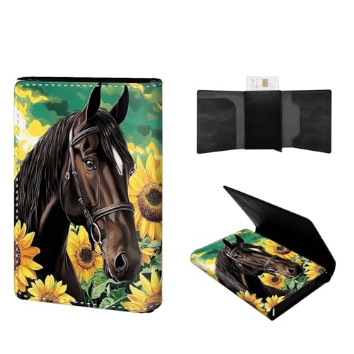 Wallet for Men Card Holder Slim RFID Blocking Pop-up,Faux Leather Business & Credit Wallet,Holds Up to Cards & Cash Minimalist Front Pocket,Billeteras de Hombres, Sunflowers and Horses
