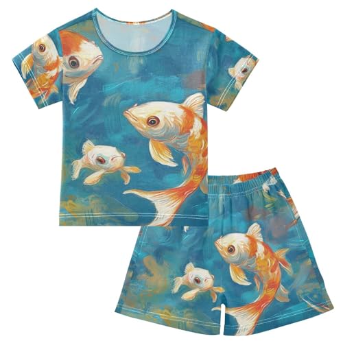 ALAZA Fishes on Blue Pajama Set Short Sleeve Sleepwear Soft Lounge Nightwear