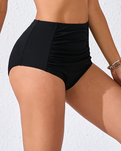 Women's High Waisted Bikini Bottoms Ruched Swim Bottoms Full Coverage Tankini Swimsuits Bottoms3