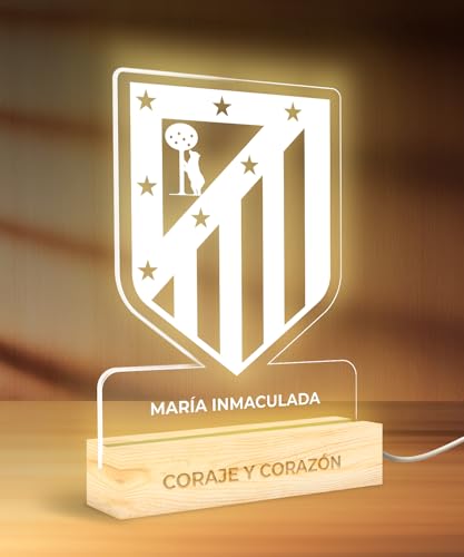REGALOCREATIVO Lámpara de Mesa con Escudo de Fútbol - Atlético de Madrid (15x22 cm). Lámparas de Mesita de Noche Infantil. Luz Nocturna con Luz Led USB. Regalos Personalizados y Originales
