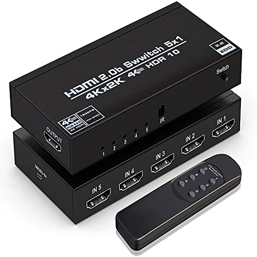 Conmutador HDMI 5 en 1, conmutador HDMI con mando a distancia 5 puertos 4K 60Hz, 5 en 1 salida Casella de selección hub conmutcher HDMI, soporte HDR, HDCP 2.2, 3D